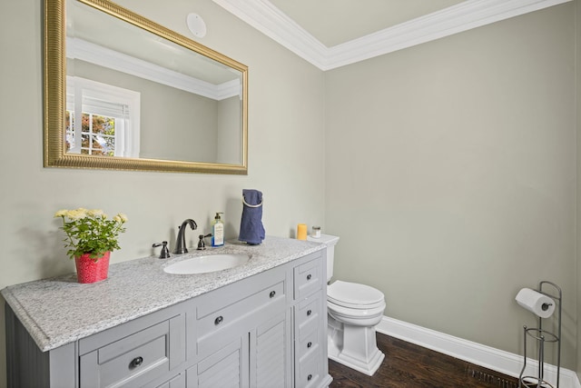 1401 Fallcreek Ct, Naperville, IL 60565 - half bathroom featuring crown molding, vanity, and wood finished floors