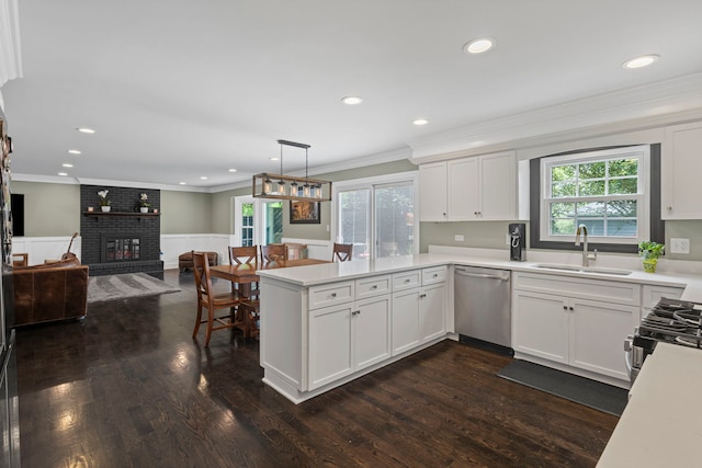 1401 Fallcreek Ct, Naperville, IL 60565 - kitchen with stainless steel dishwasher, crown molding, a peninsula, open floor plan, and a wainscoted wall