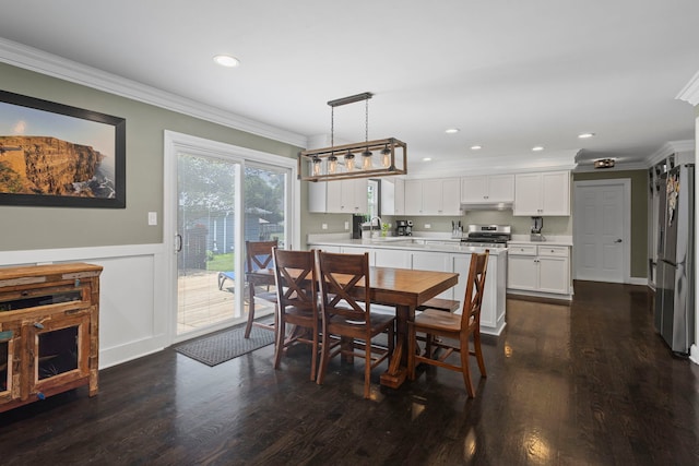 1401 Fallcreek Ct, Naperville, IL 60565 - dining room featuring ornamental molding, dark wood-type flooring, recessed lighting, and a wainscoted wall
