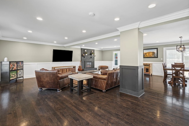 1401 Fallcreek Ct, Naperville, IL 60565 - living room featuring a decorative wall, a fireplace, wood finished floors, a wainscoted wall, and recessed lighting