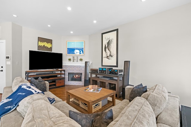 841 W Monroe St Unit 4A, Chicago, IL 60607 - living area featuring recessed lighting, wood finished floors, and a tiled fireplace