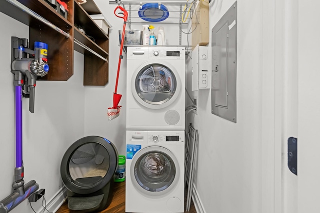 841 W Monroe St Unit 4A, Chicago, IL 60607 - laundry room with estacked washer and dryer and electric panel