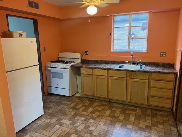 2075 Halsey Dr, Des Plaines, IL 60018 - kitchen featuring white appliances, a ceiling fan, dark countertops, and brick patterned floors
