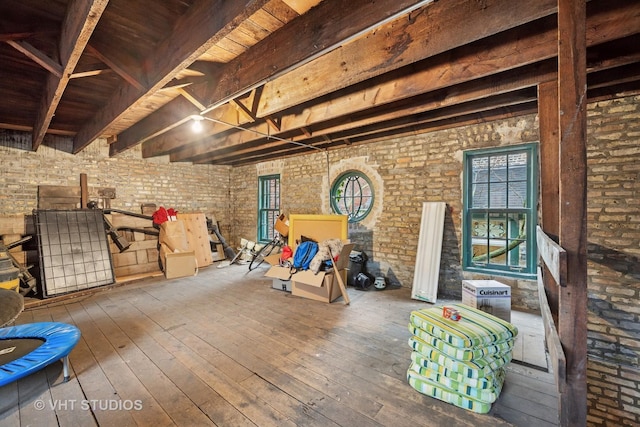 2124 N Cleveland Ave, Chicago, IL 60614 - interior space featuring wood ceiling, hardwood / wood-style floors, and brick wall
