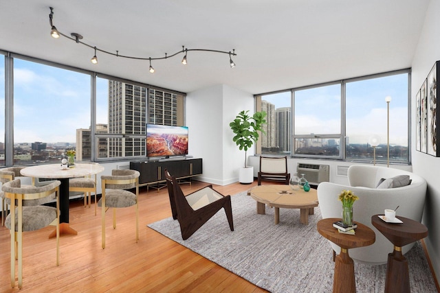 70 W Burton Pl Unit 1801, Chicago, IL 60610 - living room featuring wood finished floors, a wall mounted AC, and a wall of windows