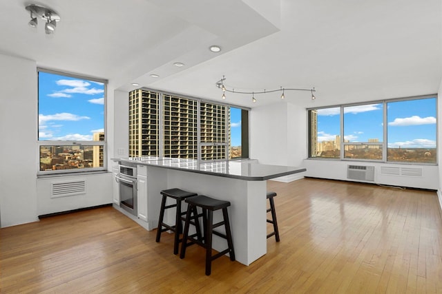 70 W Burton Pl Unit 1801, Chicago, IL 60610 - kitchen with stainless steel oven, a breakfast bar, light wood-style floors, a peninsula, and an AC wall unit
