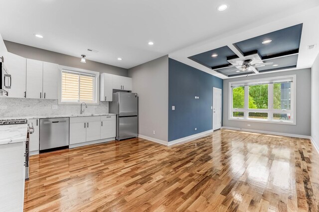 2708 W Jackson Blvd, Chicago, IL 60612 - kitchen featuring appliances with stainless steel finishes, light wood finished floors, a ceiling fan, recessed lighting, and backsplash