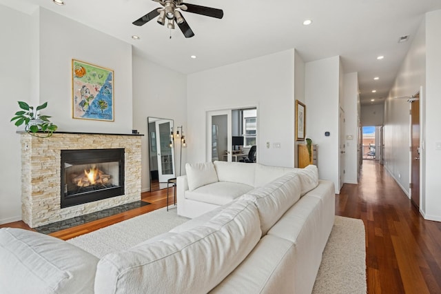 1719 N Western Ave Unit 4, Chicago, IL 60647 - living room featuring wood finished floors, ceiling fan, recessed lighting, and a stone fireplace