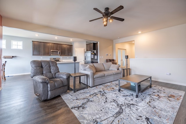 738 Kentshire Cir, Elgin, IL 60124 - living room with a ceiling fan, dark wood-style floors, and recessed lighting