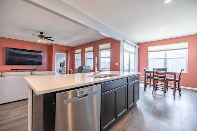 738 Kentshire Cir, Elgin, IL 60124 - kitchen featuring stainless steel dishwasher, open floor plan, dark wood-type flooring, a center island with sink, and recessed lighting