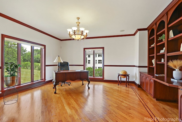 39 Forest Ln, South Barrington, IL 60010 - office space featuring a chandelier, light wood-style flooring, and ornamental molding