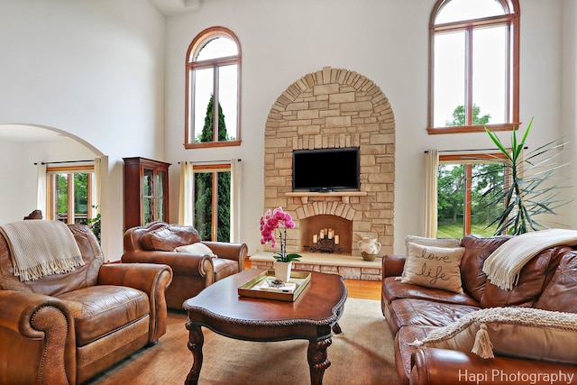 39 Forest Ln, South Barrington, IL 60010 - living room featuring a high ceiling, arched walkways, a stone fireplace, and wood finished floors