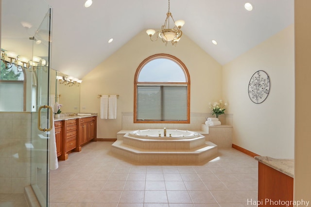 39 Forest Ln, South Barrington, IL 60010 - bathroom with a chandelier, vanity, plenty of natural light, lofted ceiling, and recessed lighting