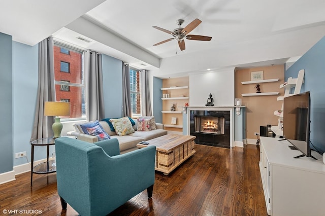 165 N Canal St Unit 726, Chicago, IL 60606 - living room with dark wood finished floors, a ceiling fan, built in features, and a fireplace