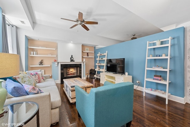 165 N Canal St Unit 726, Chicago, IL 60606 - living area featuring a ceiling fan, wood finished floors, built in shelves, and a tile fireplace