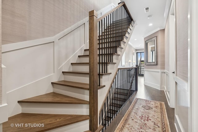 2724 N Wayne Ave Unit 3, Chicago, IL 60614 - staircase with wood finished floors, ornamental molding, a wainscoted wall, and recessed lighting