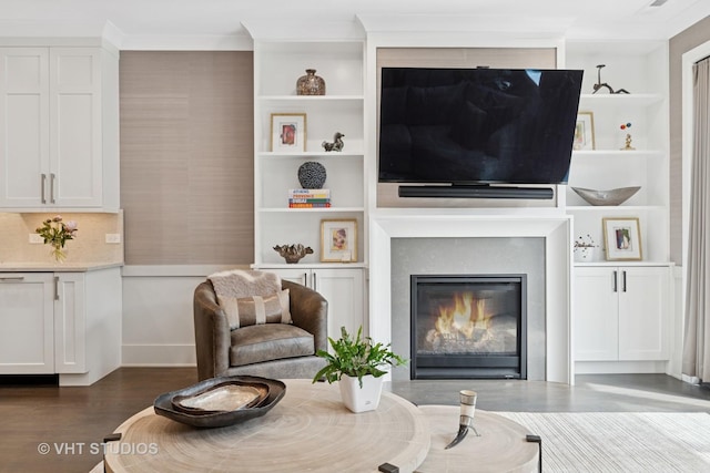 2724 N Wayne Ave Unit 3, Chicago, IL 60614 - living room with a glass covered fireplace, dark wood-type flooring, and built in features