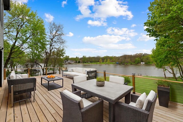6N362 Riverside Dr, Saint Charles, IL 60174 - wooden terrace featuring a water view and an outdoor living space with a fire pit
