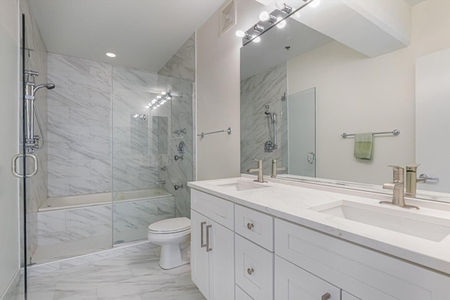 130 S Canal St Unit 624, Chicago, IL 60606 - bathroom featuring marble look tiles, a marble finish shower, double vanity, recessed lighting, and a tub with marble appearance