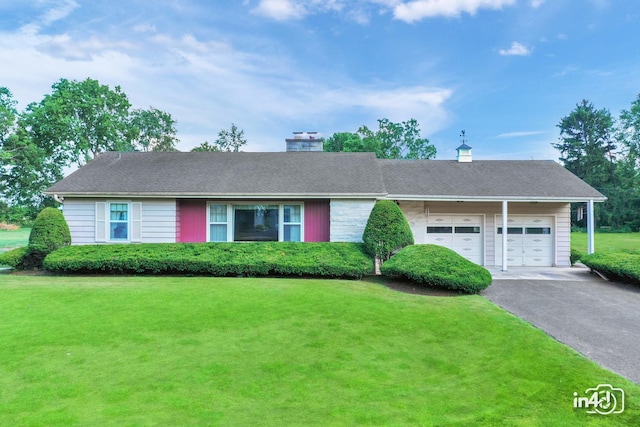 74 Wilmette Dr, Oswego, IL 60543 - ranch-style house with driveway, an attached garage, a front lawn, and a chimney