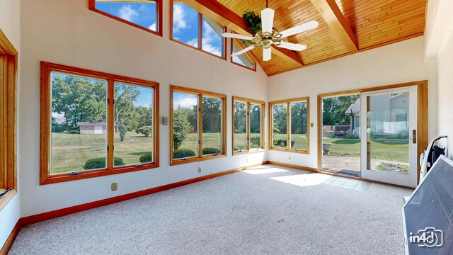 74 Wilmette Dr, Oswego, IL 60543 - unfurnished sunroom with healthy amount of natural light, high vaulted ceiling, carpet floors, and a wooden ceiling with exposed beams