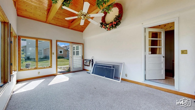 74 Wilmette Dr, Oswego, IL 60543 - unfurnished living room with carpet, wood ceiling, and a ceiling fan