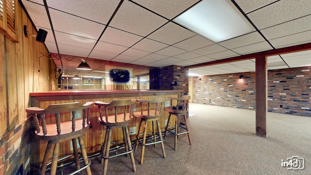 74 Wilmette Dr, Oswego, IL 60543 - indoor dry bar with brick wall, a paneled ceiling, and carpet flooring