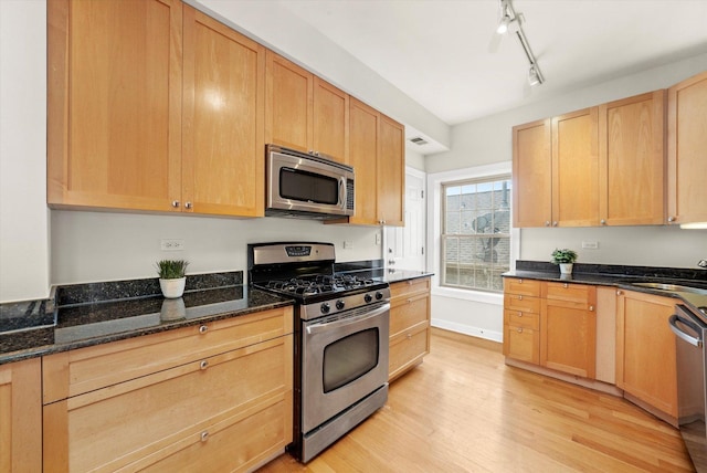 837 E 52nd St Unit 3, Chicago, IL 60615 - kitchen featuring appliances with stainless steel finishes, light brown cabinets, light wood finished floors, and dark stone counters