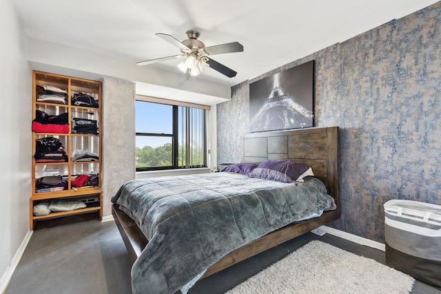3410 N Lake Shore Dr Unit 5E, Chicago, IL 60657 - bedroom featuring concrete floors, wallpapered walls, and a ceiling fan