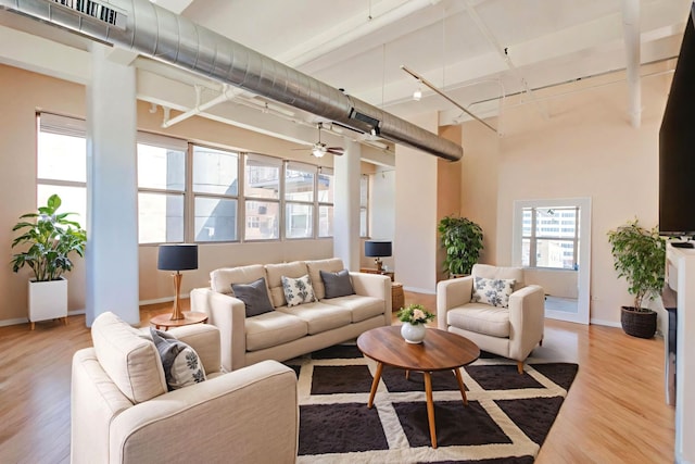 500 S Clinton St Unit 743, Chicago, IL 60607 - living area with wood finished floors, ceiling fan, track lighting, and a high ceiling