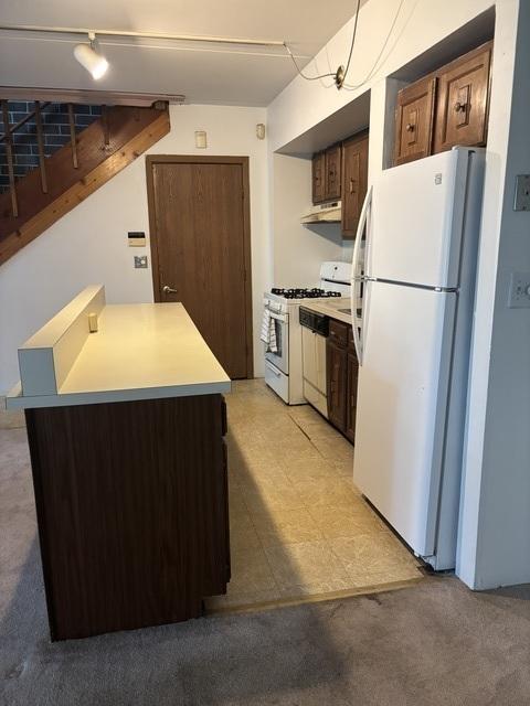 1705 Kenneth Cir Unit 1705, Elgin, IL 60120 - kitchen with white appliances, light countertops, under cabinet range hood, and a peninsula