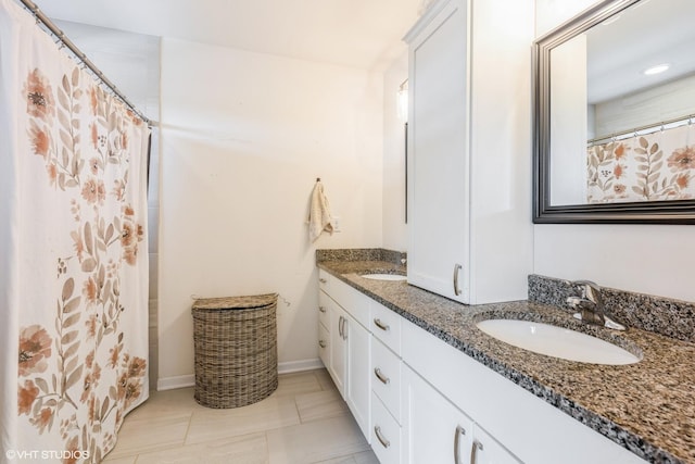 6825 179th St, Tinley Park, IL 60477 - full bathroom with double vanity, tile patterned floors, and a shower with curtain