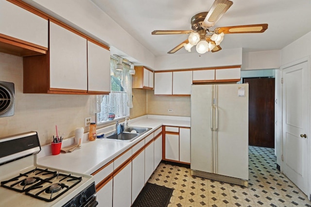 225 Bode Rd, Hoffman Estates, IL 60169 - kitchen with white appliances, white cabinetry, light countertops, light floors, and a ceiling fan