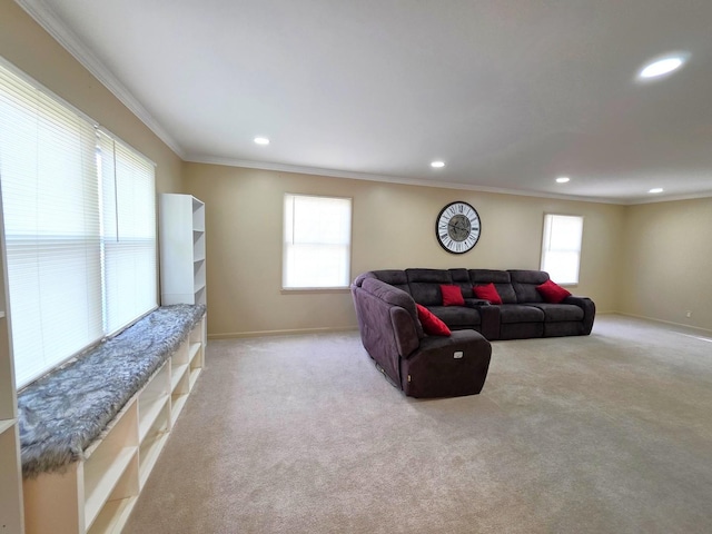 727 N Fordham Ave, Aurora, IL 60506 - living room featuring healthy amount of natural light, carpet flooring, recessed lighting, and ornamental molding