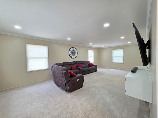 727 N Fordham Ave, Aurora, IL 60506 - living room with crown molding, light carpet, and recessed lighting