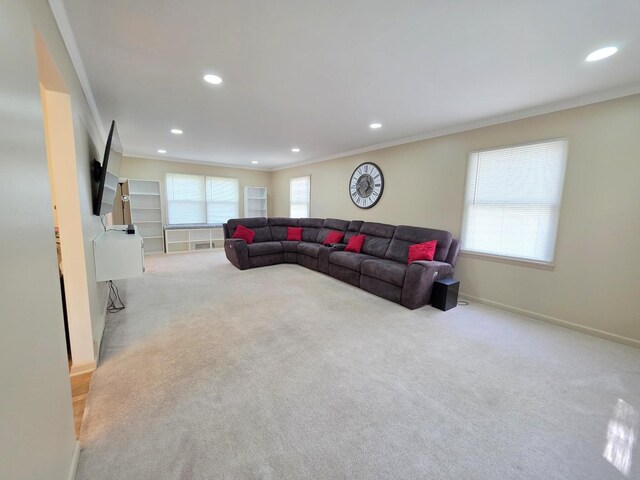 727 N Fordham Ave, Aurora, IL 60506 - carpeted living room with ornamental molding and recessed lighting