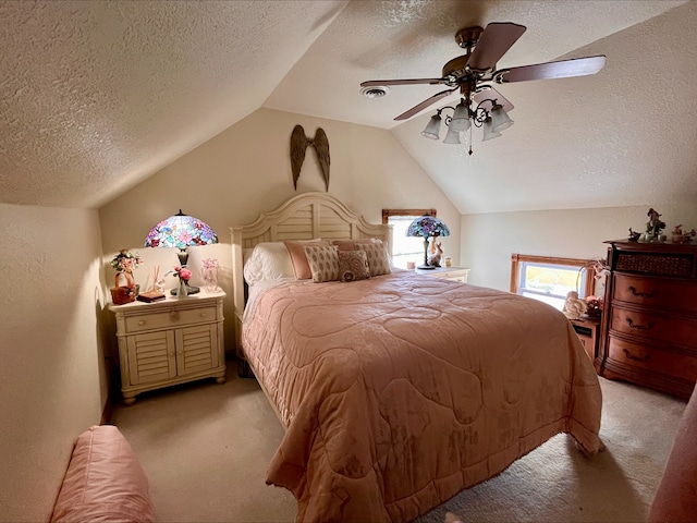 1116 E 2300 N Rd, Danforth, IL 60930 - bedroom featuring light colored carpet, a textured ceiling, vaulted ceiling, and a ceiling fan