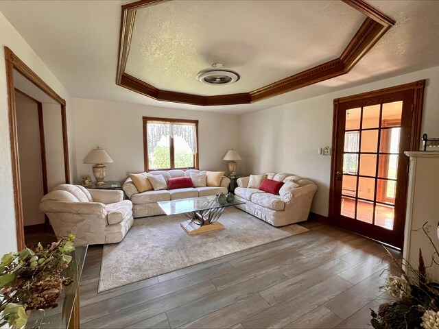 1116 E 2300 N Rd, Danforth, IL 60930 - living room featuring a tray ceiling, wood finished floors, and ornamental molding