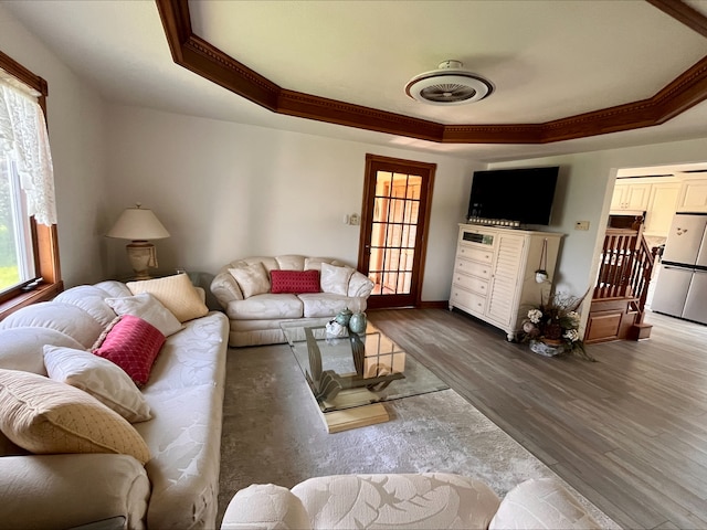 1116 E 2300 N Rd, Danforth, IL 60930 - living area with a raised ceiling, wood finished floors, and ornamental molding