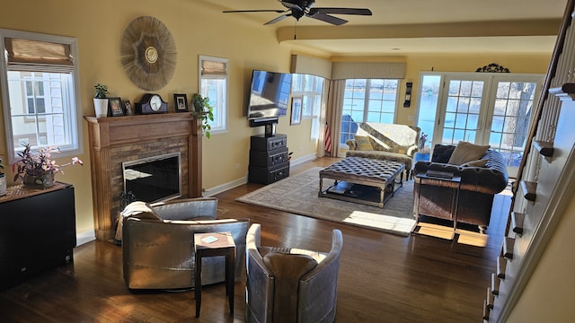 40752 N Grand Ave, Antioch, IL 60002 - living room featuring a ceiling fan, wood finished floors, and a fireplace