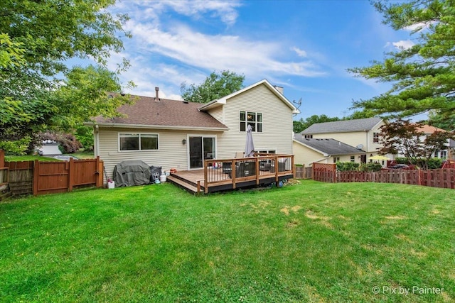 903 Pin Oak Cir, Cary, IL 60013 - rear view of property with a fenced backyard, a wooden deck, roof with shingles, and a gate