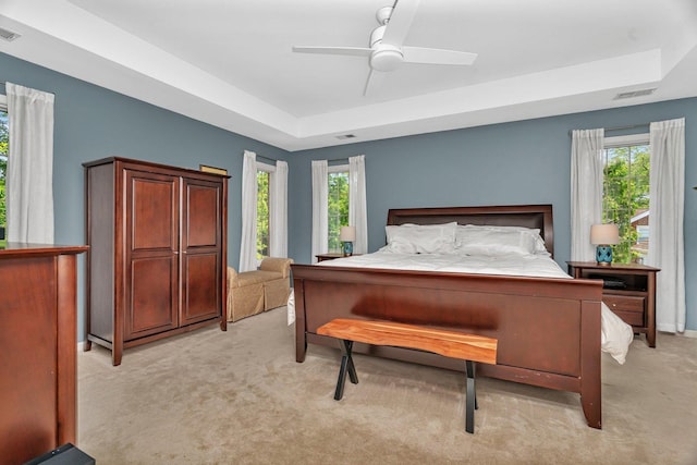 2319 Hutchison Rd, Flossmoor, IL 60422 - bedroom with a tray ceiling, light colored carpet, and ceiling fan