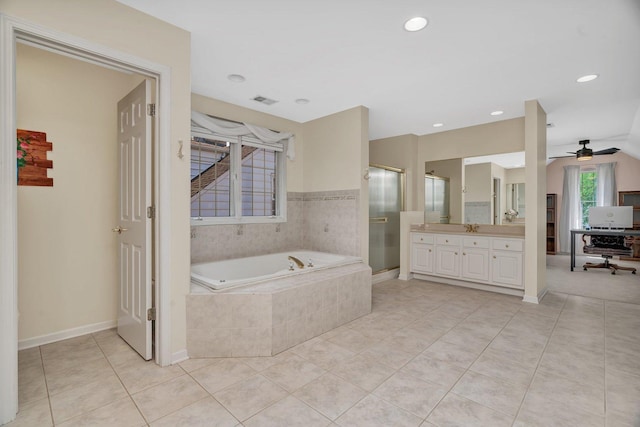 2319 Hutchison Rd, Flossmoor, IL 60422 - bathroom featuring vanity, tile patterned floors, a garden tub, a stall shower, and a ceiling fan