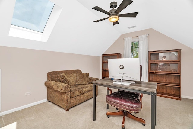 2319 Hutchison Rd, Flossmoor, IL 60422 - home office with a skylight, light colored carpet, lofted ceiling, and a ceiling fan