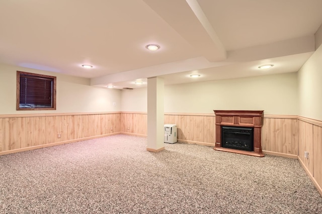 918 Carol Ln, Crete, IL 60417 - finished basement with a wainscoted wall, carpet, a fireplace, recessed lighting, and wooden walls