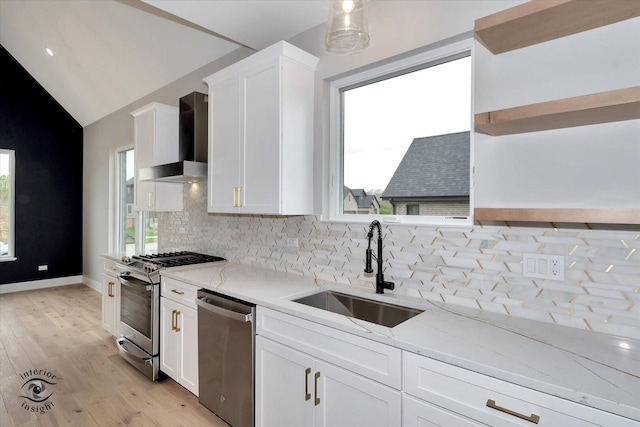 16451 Kayla Dr, Lemont, IL 60439 - kitchen featuring stainless steel appliances, open shelves, wall chimney exhaust hood, decorative backsplash, and white cabinets