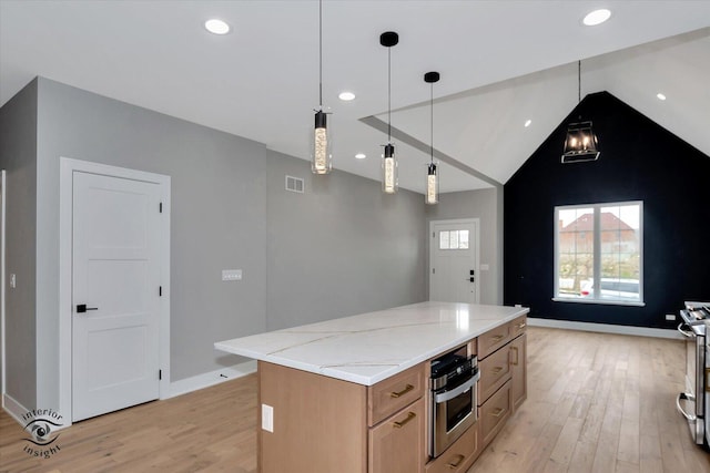16451 Kayla Dr, Lemont, IL 60439 - kitchen with light wood-type flooring, stainless steel oven, a center island, pendant lighting, and recessed lighting