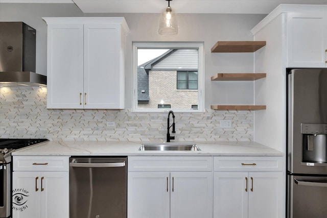 16451 Kayla Dr, Lemont, IL 60439 - kitchen with stainless steel appliances, ventilation hood, white cabinetry, tasteful backsplash, and open shelves