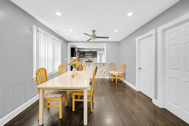 5424 N Lotus Ave, Chicago, IL 60630 - dining room with dark wood-style floors, a ceiling fan, and recessed lighting