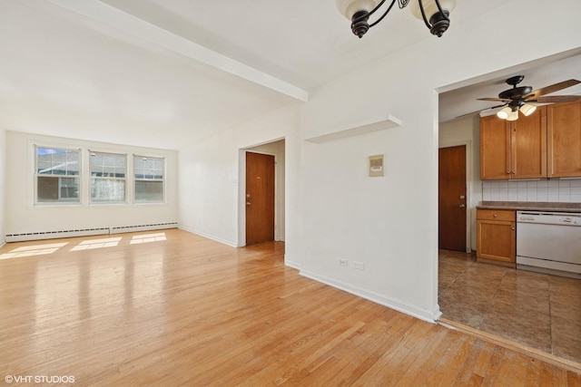 2424 W Farragut Ave Unit 3B, Chicago, IL 60625 - unfurnished living room with a baseboard radiator, light wood finished floors, and ceiling fan